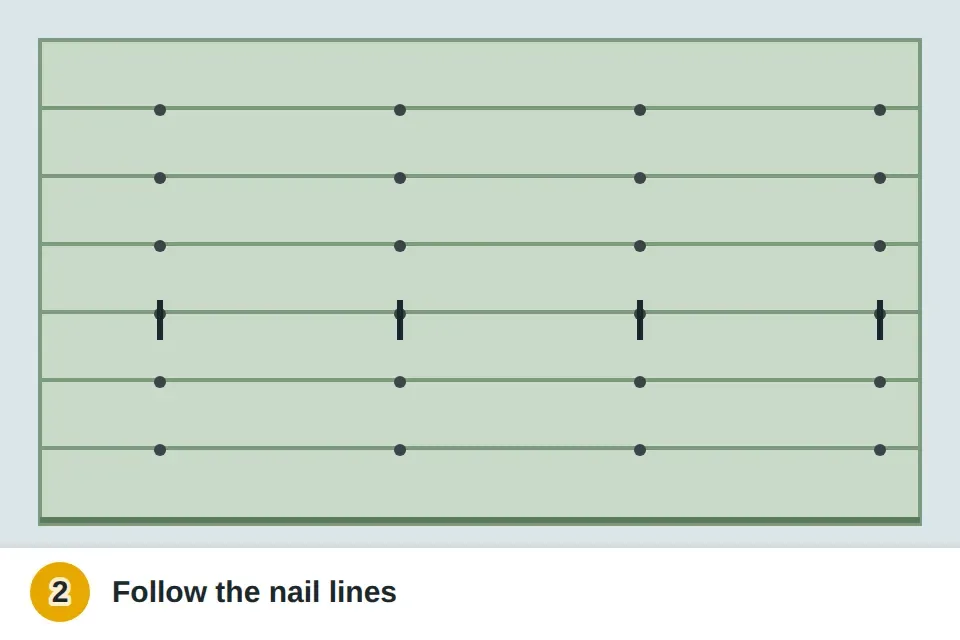 Pencil marks on siding lined up with the vertical rows of existing nail heads that show where the studs are