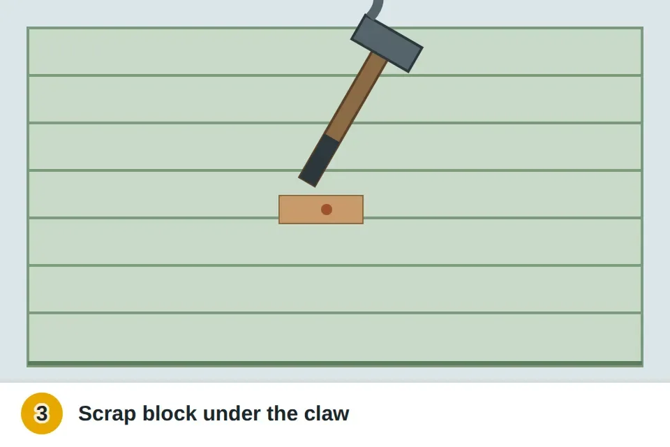 Hammer claw pulling a rusted nail from siding with a scrap block under the hammer head to protect the board