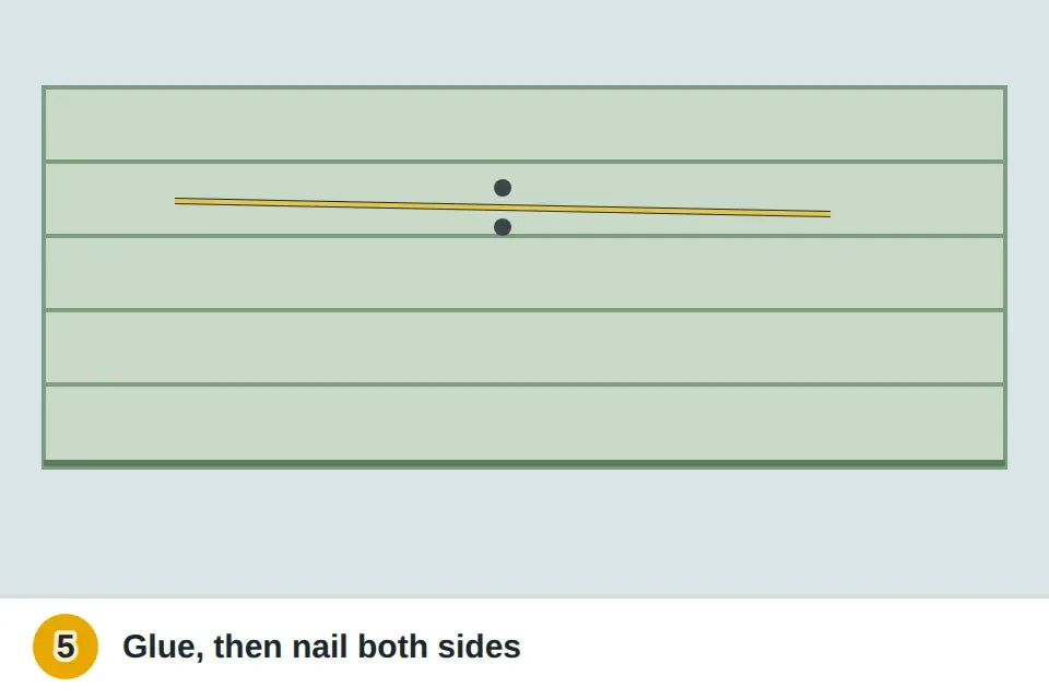 Exterior glue worked into a split siding board and nails driven on each side of the crack into the stud