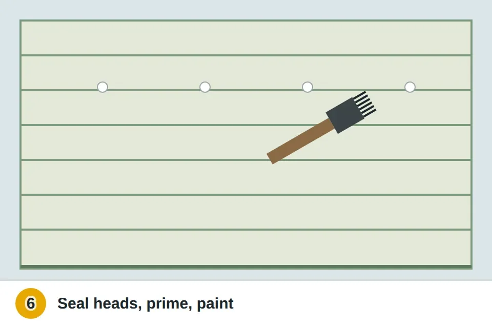 Brush dabbing primer over siding nail heads and painting the bare wood to match